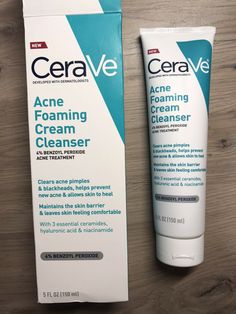 CeraVe Acne Foaming Cream Cleanser | 4% Benzoyl Peroxideto Acne Treatment 5 fl.oz New with Box [ ACNE FACE WASH WITH BENZOYL PEROXIDE ] Helps clear pimples, whiteheads, and blackheads from skin's surface and helps prevent new acne from forming [ TRANSFORMING TEXTURE ] Unique cream-to-foam formula works to gently remove dirt, excess oil, and makeup from skin's surface without leaving skin feeling stripped of moisture [ HYDRATED SKIN ] Hyaluronic Acid helps to retain skin's natural moisture while Acne Foaming Cream Cleanser, Clear Pimples, Natural Remedies For Acne, How To Clear Pimples, Forehead Acne, Acne Face, Acne Face Wash, Natural Acne Remedies, How To Get Rid Of Pimples