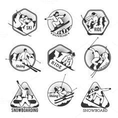 snowboarding badges and emblems with skiers in the mountains, on white background