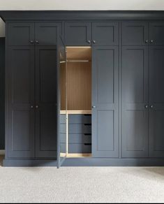 an empty room with gray cabinets and white carpeting on the floor in front of it