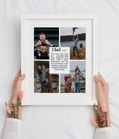 two hands holding up a framed photo with the words, dad and three photos on it