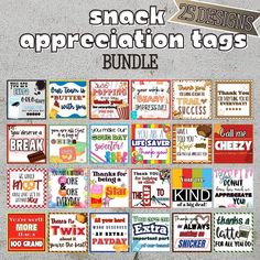 the snack appreciation tags bundle is shown with text and pictures on it, along with other items