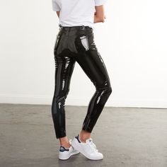 Turn heads in the Faux Patent Leather Five Pocket Pant. This denim-inspired style is made with our signature high-shine faux patent leather with four-way stretch and recovery and features back and front pockets, belt loops, plus a zip and button fly. These pants are made from a high shine, faux-patent leather, which can cause mild "squeakiness." If this is an issue for you, we recommend a light coating of clear moisturiser or body oil applied to the exterior of the inner thigh of the pants.  Fit Black Commando, Cold Drip, Coloured Leggings, Floral Ruffle Dress, Real Bodies, Pants Fit, Inner Thigh, Leather Trousers, Drip Dry