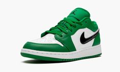 The Air Jordan 1 Low GS “Pine Green” is the slimmed down youth sizing of Michael Jordan’s first signature shoe.  The colorway brings to mind the team uniform colors of the Boston Celtics, which were a perennial opponent of Jordan’s throughout his career with the Chicago Bulls.  Green leather overlays are found on the forefoot, collar, and eyelets.  The color reappears on the heel and nylon tongue while the perforated toe and mid-panel are finished off with a crisp white leather.  A bold black le Green Jordan Shoes With Rubber Sole For Sports, Green Round Toe Skate Shoes For Sports, Sporty Green Jordan Shoes With Round Toe, Green Jordan Shoes With Boost Midsole And Round Toe, Air Jordan 1 Pine Green, Jordans Low, Jordan 1 Lows, Jordan 1 Low Green, Jordan Iii