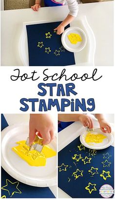 Star stamping with cookie cutters is a simple fine motor activity that is perfect for a space theme in tot school, preschool, or the kindergarten classroom. Space Kindergarten, Tata Surya, School Calendar, Crafts Easy