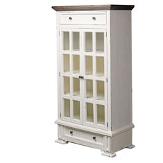 a tall white cabinet with glass doors on the front and bottom shelves, against a white background