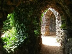 an archway in the middle of a stone wall with ivy growing on it's sides