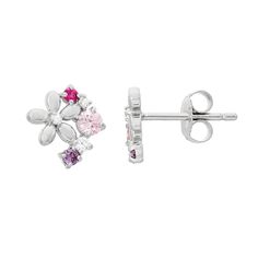 A floral motif surrounded with an array of cubic zirconia stones gives these stud earrings charming beauty.EARRING DETAILS Length: .39 in. Backings: post Metal: rhodium-plated sterling silver CUBIC ZIRCONIA DETAILS Shape: round Color: red, pink, white, purple Setting: prong  Size: One Size. Gender: female. Age Group: adult. Flower Shaped Cubic Zirconia Diamond Earrings Gift, Flower Shaped Cubic Zirconia Earrings With Sparkling Stones, White Gold Cubic Zirconia Flower Earrings, White Flower Cluster Earrings In Cubic Zirconia, Silver Cubic Zirconia Flower Earrings, White Cubic Zirconia Birthstone Earrings, Pink Sterling Silver Hypoallergenic Flower Earrings, Pink Cubic Zirconia Flower Shaped Earrings, Flower-shaped Cubic Zirconia Earrings With Prong Setting