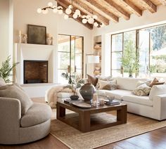 a living room filled with furniture and a fire place in the middle of a room