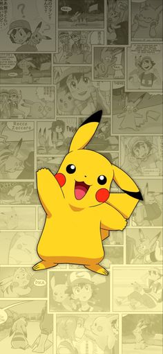 the pikachu character is smiling and pointing his finger at something in front of him