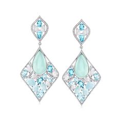 Ross-Simons - Blue Chalcedony, Moonstone, 16.60ct t. w. Multi-Gemstone Drop Earrings. Alight with the most beautiful of blue hues, these diamond-shaped drop earrings are bejeweled by an icy mix of multi-shaped 19x11mm blue chalcedony cabochons, 6x4mm moonstone cabochons, and 16.60 ct. tot. gem wt. aquamarines, and blue and white topaz. Crafted in sterling silver. Hanging length is 2 1/2". Post/clutch, multi-gemstone, moonstone and blue chalcedony drop earrings. Aquamarine birthstones are the per Blue Diamond Earrings, Aquamarine Birthstone, Shiny Rings, Gemstone Drop Earrings, Chalcedony Stone, Aquamarine Earrings, Jewellery Sketches, Aquamarine Stone, Topaz Earrings