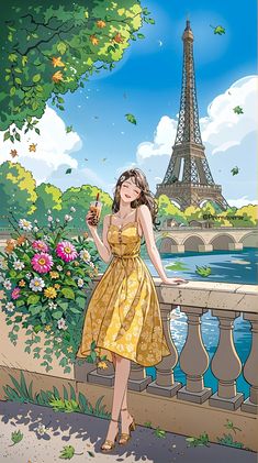 a woman in a yellow dress is standing near the eiffel tower and holding a glass of wine