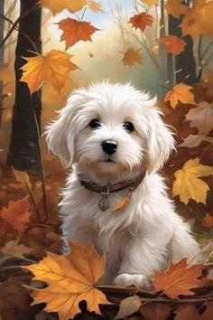 a painting of a white dog sitting in the woods with autumn leaves on the ground