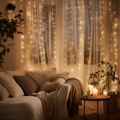 Strings of fairy lights draped with sheer ivory window curtains creating a soft lighting atmosphere for a quiet evening. Paired with candle lights and a cozy sofa filled with fluffy cushions, soft throws, pillows , it's the ideal spot for bookworms to settle down with a book. Twinkle Lights Living Room, Fairy Lights Living Room, Shed Room Ideas, Fall Living Room Decor Ideas, School Apartment, Cozy Fall Living Room, November Mood, Hygge Bedroom, Cozy Lighting