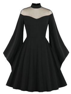 1950s Angel Sleeve Solid Swing Dress – Retro Stage - Chic Vintage Dresses and Accessories Vintage Black Dress For Costume Party, Retro Long Sleeve Halloween Dress, Gothic Black Vintage Dress For Party, Black Retro Party Dress, Retro Black Party Dress, Retro Black Fit And Flare Dress, Retro Fitted Halloween Dress, Retro Halloween Fitted Dress, Vintage Fitted Halloween Dresses