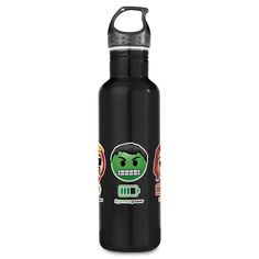 a black water bottle with an image of a skull on the front and bottom half