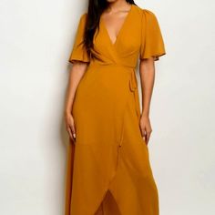 Short Sleeve V-Neck Crossover Wrap Maxi Dress. Partially Lined. S - B= 33-35 W=25-26 H= 35-37 M -B= 36-38 W=27-28 H= 37-39 L- B= 39-41 W=29-32 H = 39-42 Fabric Content: 100% Polyester Description: L: 51" B: 30" W: 26" Brown Fitted V-neck Wrap Dress, Brown Fitted Dress With Surplice Neckline, Brown Surplice Neckline Dress, Brown V-neck Maxi Dress, Solid Color V-neck Wrap Dress For Fall, Fitted Brown V-neck Wrap Dress, Brown V-neck Dress For Spring, Brown V-neck Maxi Dress For Spring, Yellow V-neck Maxi Dress For Date Night