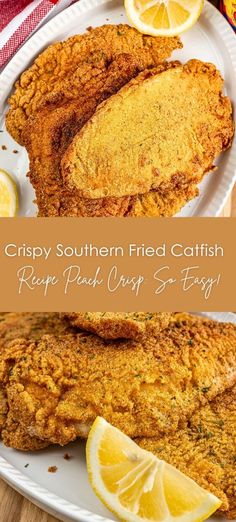 crispy southern fried catfish recipe with fresh herbs and lemons on the side