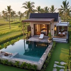 an aerial view of a house with a pool in the foreground and palm trees surrounding it