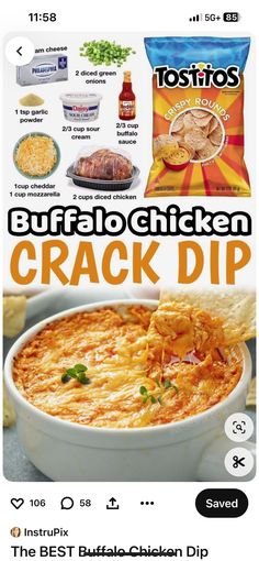 an advertisement for the best buffalo chicken dip