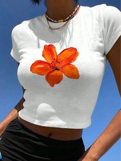 Casual Round Neck Short Sleeve Slim Fit Cropped Plus Size Women's T-Shirt With Simple Pattern, Suitable For Summer White Casual  Short Sleeve Knitted Fabric Floral,Plants  Slight Stretch  Women Plus Clothing, size features are:Bust: ,Length: ,Sleeve Length: Orange Short Sleeve Crop Top, Orange Short Sleeve Casual Crop Top, Casual Orange Short Sleeve Crop Top, Orange Stretch Crop Top With Short Sleeves, White Crop Top T-shirt For Spring, White Stretch Crop Top T-shirt, Spring Orange Stretch Tops, Orange Short Sleeve Crop Top For Summer, Orange Stretch T-shirt For Summer