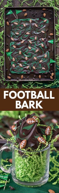 a football bark cake with chocolate frosting and sprinkles