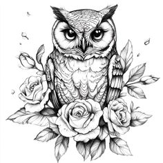 an owl and roses tattoo design