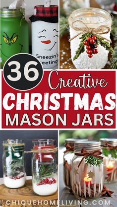 christmas mason jars with candles and decorations in them