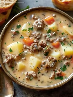 a bowl of soup with meat, potatoes and carrots next to bread on a table