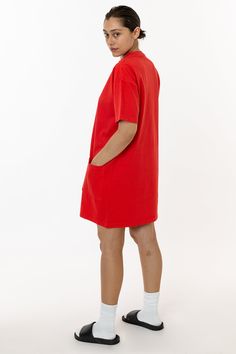 The Oversized T-shirt was designed with comfort in mind. We've added a pocket, which makes this dress different than the average t-shirt dress. Hits above the knee making this dress the perfect dress to run errands in. Constructed from rigid 7.5 oz 100% U.S Grown Cotton, custom dyed and shrink-free. This item is a garment dye product. Garment dye items can be distinguished by “GD” at the end of their style number, and will not match piece dye items (items without “GD” at the end of their style n Oversized Short Sleeve T-shirt With Side Pockets, Short Sleeve T-shirt With Pockets For Loungewear, Casual T-shirt Dress With Relaxed Fit And Short Sleeves, Casual Cotton Crew Neck T-shirt Dress, Casual Cotton T-shirt Dress With Crew Neck, Relaxed Fit Cotton T-shirt Dress, Casual Style, Crew Neck Cotton T-shirt Dress For Loungewear, Cotton Crew Neck T-shirt Dress For Loungewear, Casual Relaxed Fit T-shirt Dress For Loungewear