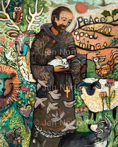 a painting of a man holding a lamb in front of other animals and plants with words written on it