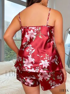 Ebeek - Womens Plus Size Pajama Set: Elegant Floral Print Cowl Neck Cami Top & Shorts Ensemble, Cozy Two-Piece Sleepwear Set Red Floral Print Sleepwear, Printed Sleeveless Loungewear Sets, Sleeveless Printed Sets For Loungewear, Robe Pajamas, Cowl Neck Cami, Stylish Loungewear, Plus Size Pajamas, Womens Fall Dress, Sleepwear Sets