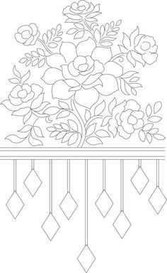 a drawing of flowers on a window sill with diamond shapes around the edges and in the center