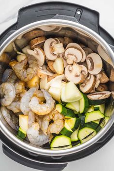 shrimp, zucchini, and mushrooms in an instant pot with the lid open