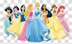 disney princesses standing in line with their dresses on transparent background png clipart