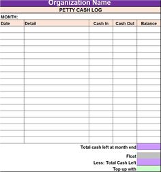 a printable cash log with the words, organization name and date on it's side