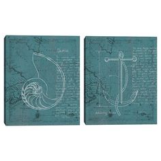 two pieces of art depicting an anchor and a shell