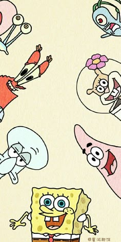 spongebob and friends are flying through the air together in this cartoon style drawing