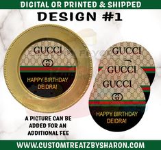 two plates with gucci happy birthday designs on them