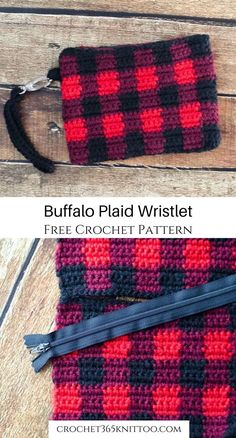 the buffalo plaid wristlet is made with free crochet pattern and has a zipper