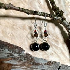 Onyx, Garnet, Earrings, Smokey Quartz, Hematite Root Geo Earrings - Studio Selyn Black Artisan Earrings, Artisan Black Earrings As Gift, Artisan Black Earrings For Gift, Artisan Black Earrings Gift, Unique Black Wire Wrapped Earrings, Artisan Black Dangle Earrings, Artisan Black Jewelry With Ear Wire, Black Artisan Drop Earrings, Artisan Black Drop Earrings