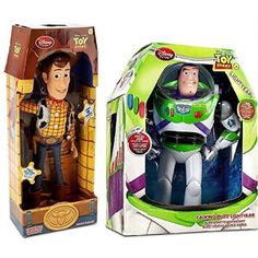 two toy story figures in their packaging on a white background, one is green and the other is orange