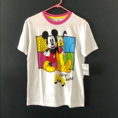 New With Tags And Never Been Worn! Spring Mickey Mouse Crew Neck T-shirt, Casual Mickey Mouse T-shirt For Spring, Mickey Mouse Shirt For Disney Fan Events In Summer, White Disney Shirt For Summer, Summer Cartoon Print Shirt For Disney Fan Events, Playful Summer Tops With Mickey Mouse, Playful Mickey Mouse Tops For Summer, Multicolor Disney T-shirt For Summer, Mickey Mouse Crew Neck T-shirt For Spring