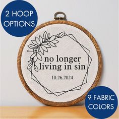 a cross stitch pattern with the words, no longer living in sin and 9 fabric colors