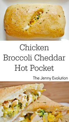 the chicken broccoli cheddar hot pocket is cut in half on a white plate