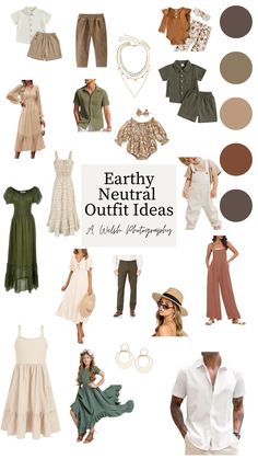 an assortment of clothes and accessories are arranged in the shape of a collage with text that reads, earthy neutral outfit ideas