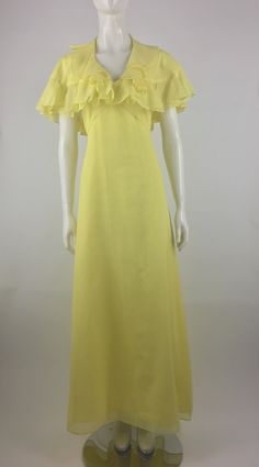 Summer Wedding Vintage V-neck Dress, Lined Summer Maxi Dress For Wedding, Vintage V-neck Evening Dress For Summer, Summer Wedding Maxi Dress Lined, Yellow A-line Vintage Dress For Summer, Yellow Retro Dress With Ruffles, Lined Summer Wedding Dress, Summer Wedding Dresses Lined, Summer Fitted Vintage Dress With Ruffles