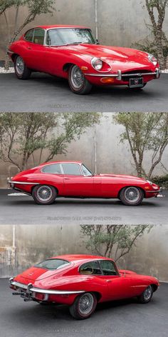 three different views of an old red car