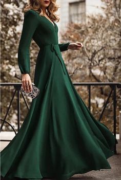 Long Sleeve Maxi Evening Dress, Skater Maxi Dress, Belted Long Dress, Long Sleeve Evening Dresses, Evening Dress Fashion, Mode Casual, Green Long Sleeve, Maxi Dress Evening, Long Sleeve Maxi