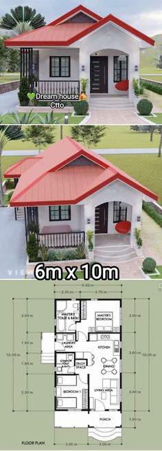 two story house plans with red roof and white walls, one floor has an open living area