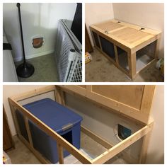 three pictures of the inside of a cat house, including one with a litter box and another with a trash can